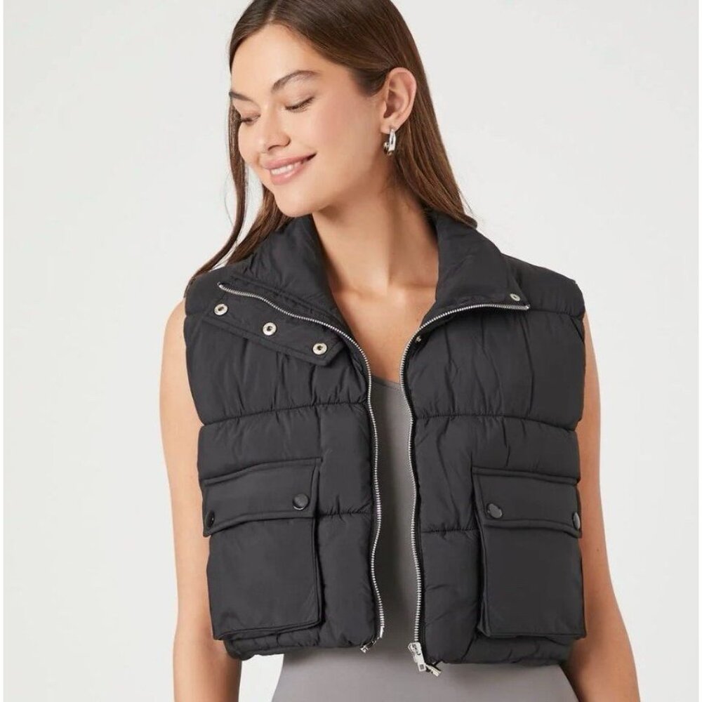 Forever 21 Cropped Zip Up Black Puffer Vest Plus Size 1XL 16-18 Womens Jacket